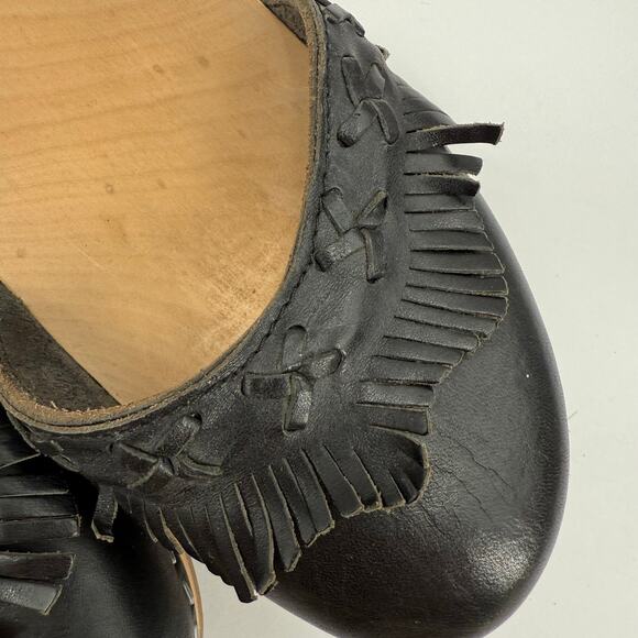 Swedish Hasbeens Size 39 (US 9) Fringe Black Leather Clog Sandal Heels Wood Shoe - Picture 9 of 16